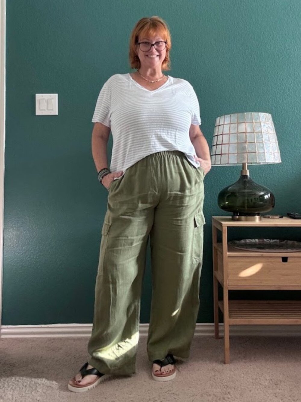 100% Linen C&C California Olive Green Wide Leg Cargo Pants - Size XL